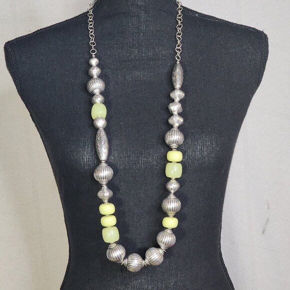 Chico's Vintage Chunky Lime and Silver Tone Beaded 39" Necklace with 5" Extender - Picture 1 of 16